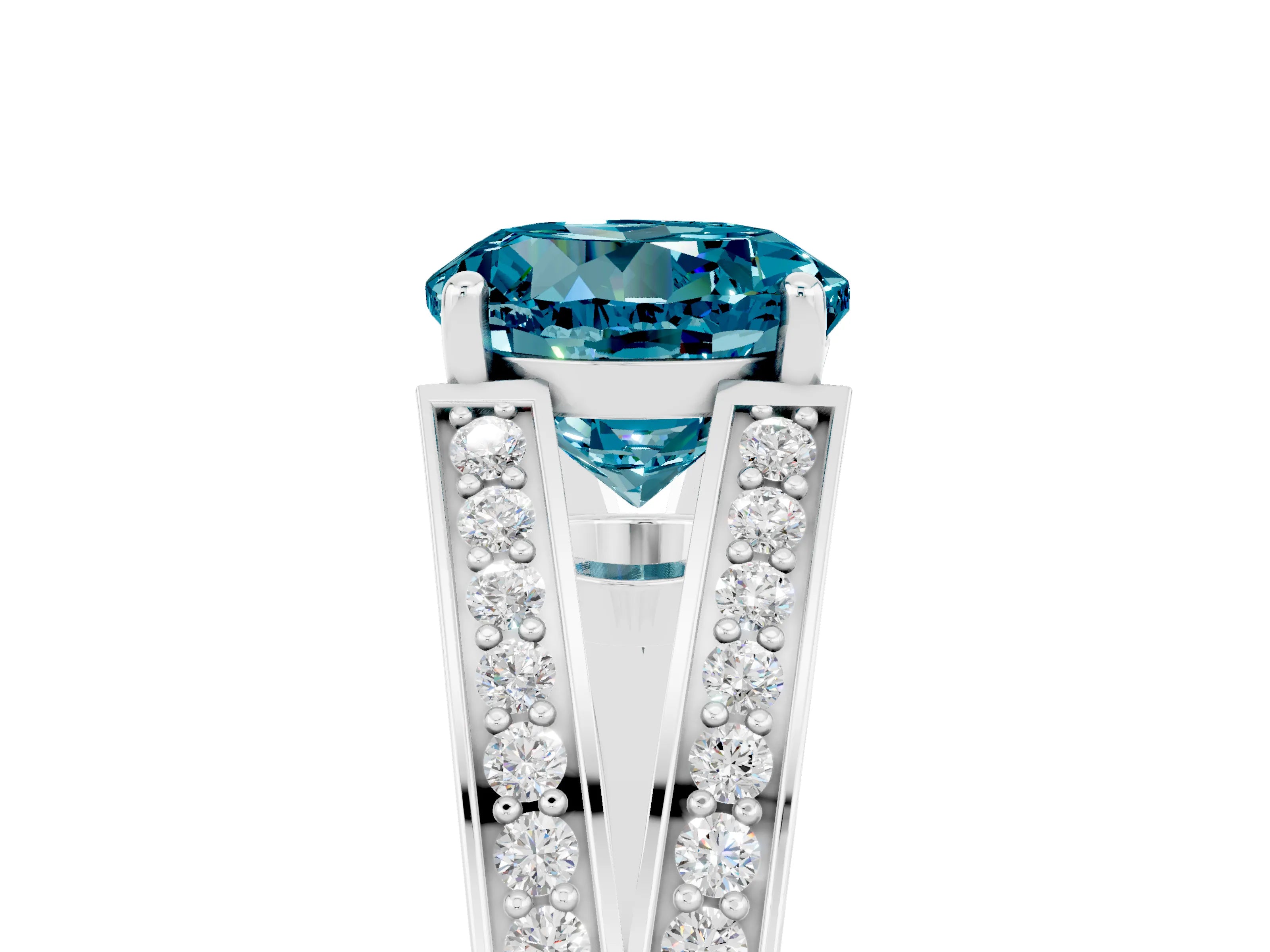 White gold Round Cut Blue Topaz Split Shank Ring with Pavé Band and Four-Prong Setting_5