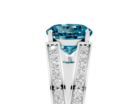 White gold Round Cut Blue Topaz Split Shank Ring with Pavé Band and Four-Prong Setting_5