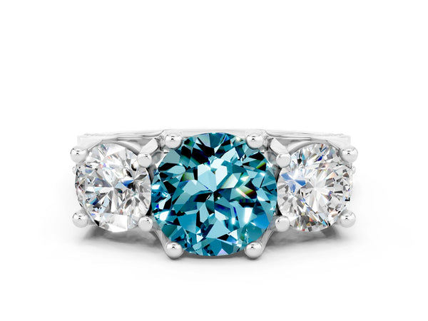 Platinum Round Cut Blue Topaz Three-Stone Ring with Channel Set Band and Four-Prong Setting