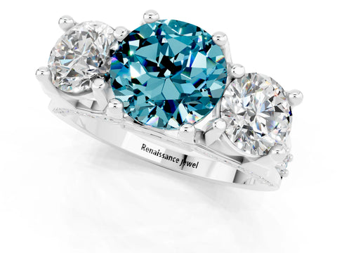 White gold Round Cut Blue Topaz Three-Stone Ring with Channel Set Band and Four-Prong Setting_1