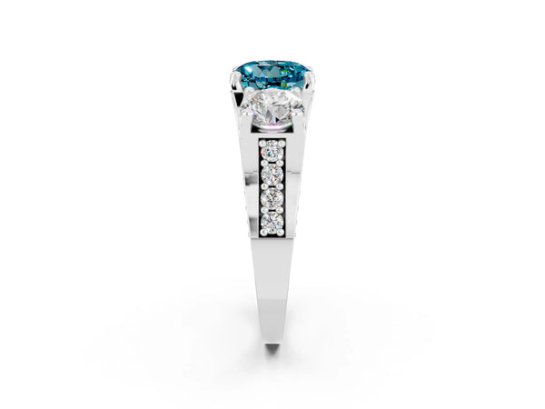 Platinum Round Cut Blue Topaz Three-Stone Ring with Channel Set Band and Four-Prong Setting