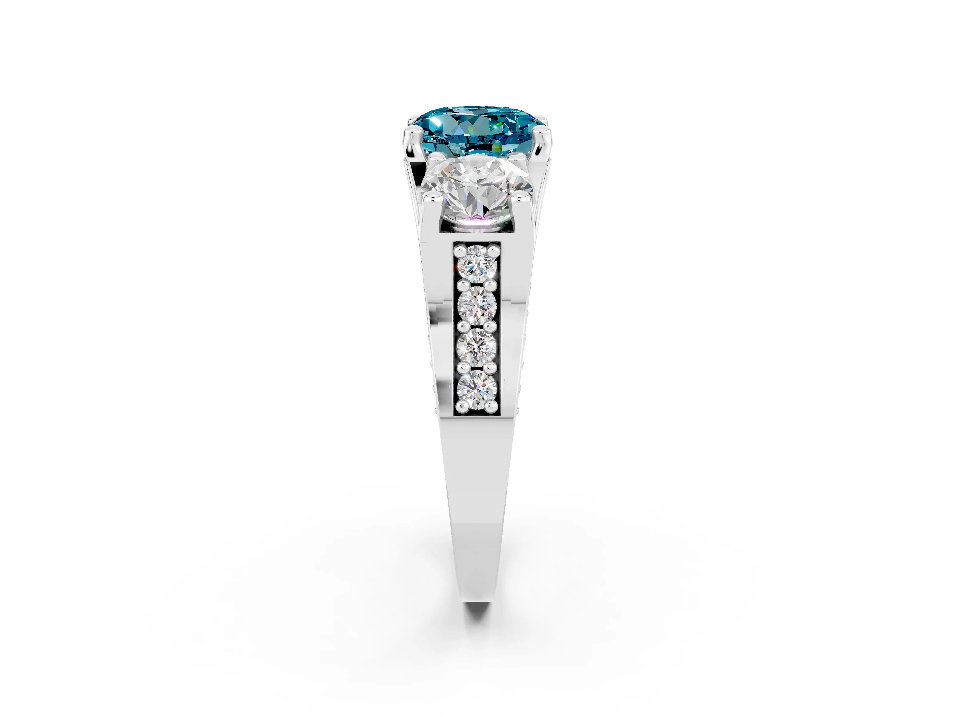 White gold Round Cut Blue Topaz Three-Stone Ring with Channel Set Band and Four-Prong Setting_2