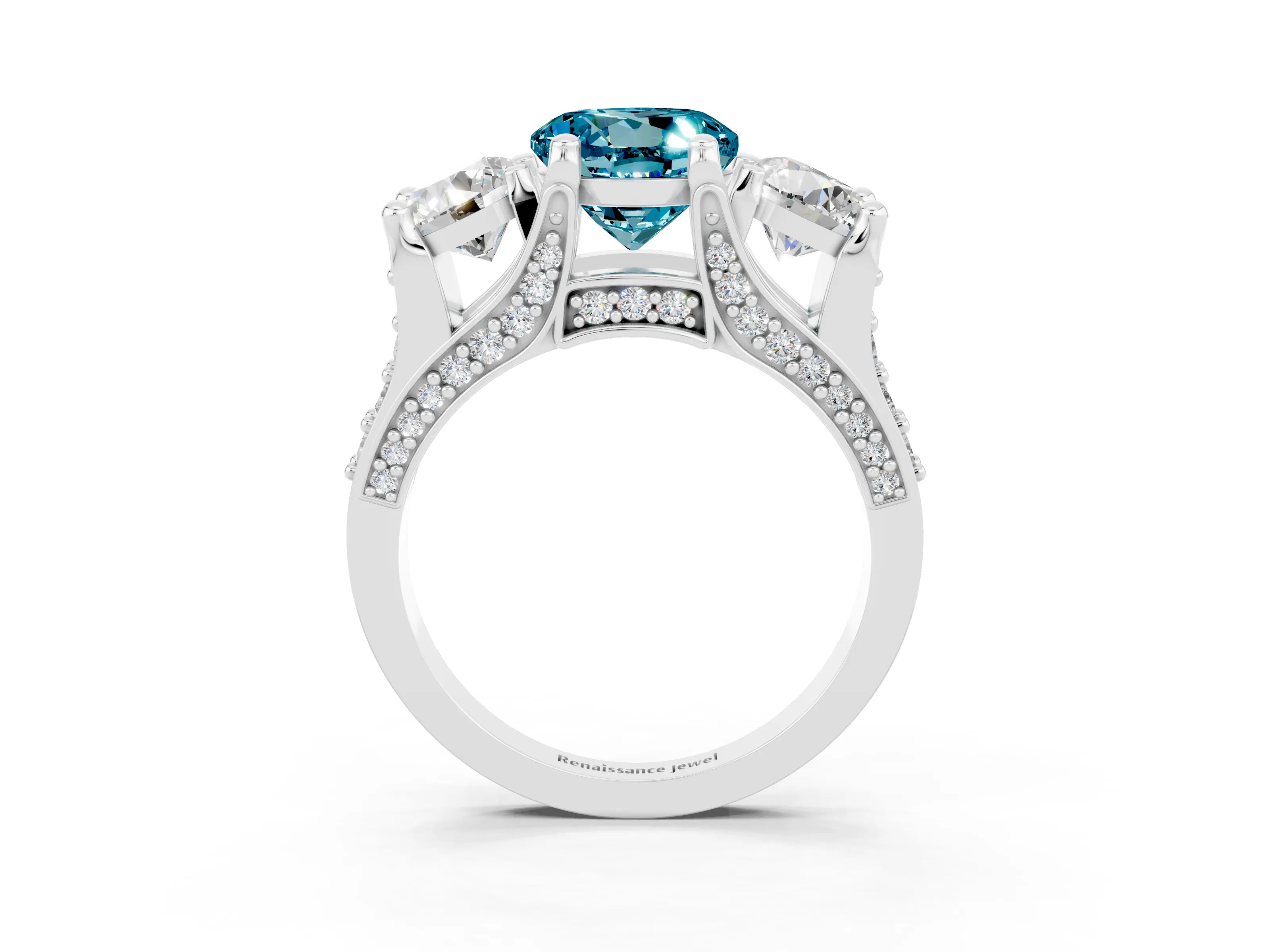 White gold Round Cut Blue Topaz Three-Stone Ring with Channel Set Band and Four-Prong Setting_3