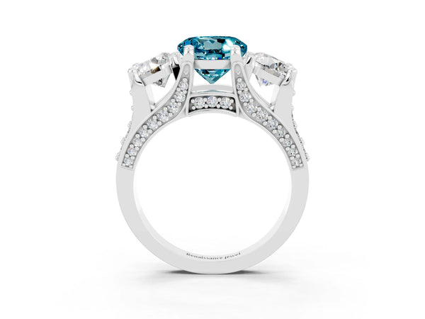 White gold Round Cut Blue Topaz Three-Stone Ring with Channel Set Band and Four-Prong Setting