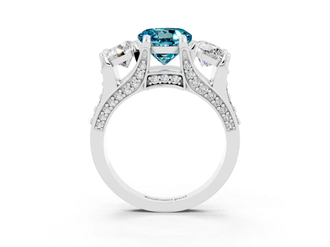 White gold Round Cut Blue Topaz Three-Stone Ring with Channel Set Band and Four-Prong Setting_3