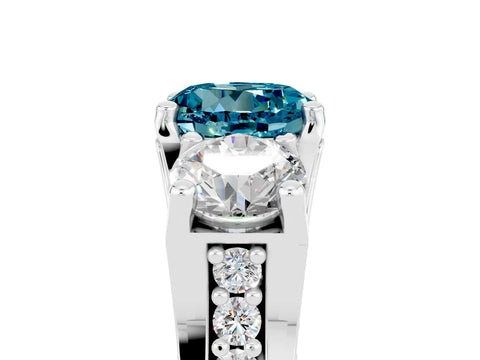 White gold Round Cut Blue Topaz Three-Stone Ring with Channel Set Band and Four-Prong Setting_5