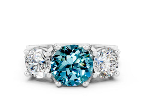 White gold Round Cut Blue Topaz Three-Stone Ring with Channel Set Band and Four-Prong Setting