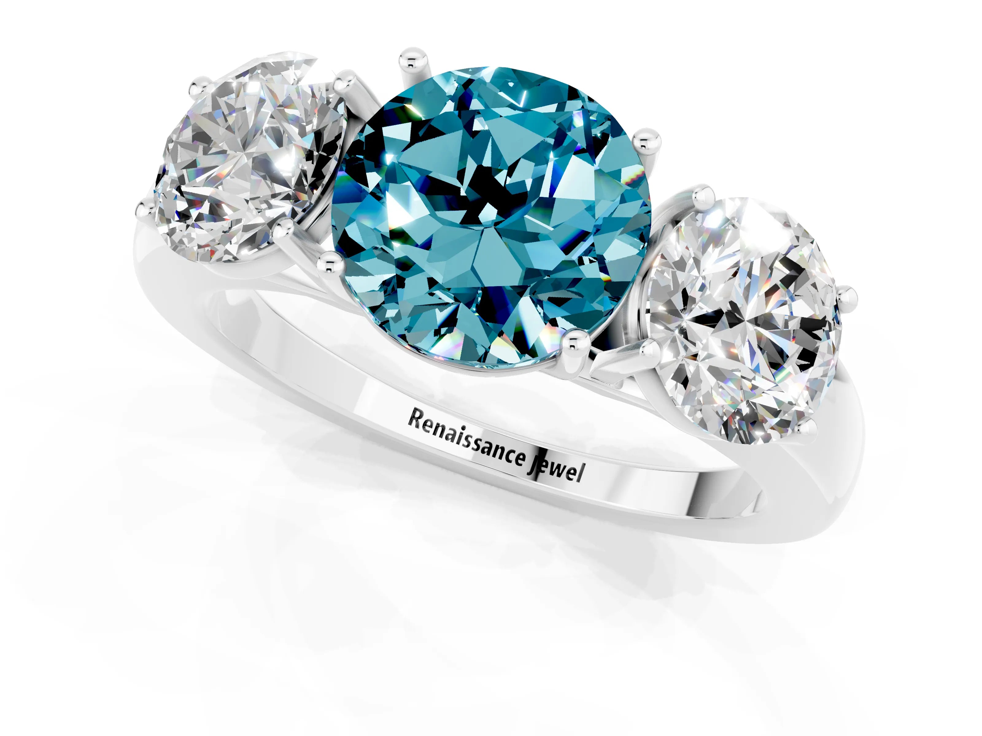 White gold Round Cut Blue Topaz Three-Stone Ring with Four-Prong Setting and Classic Band_1