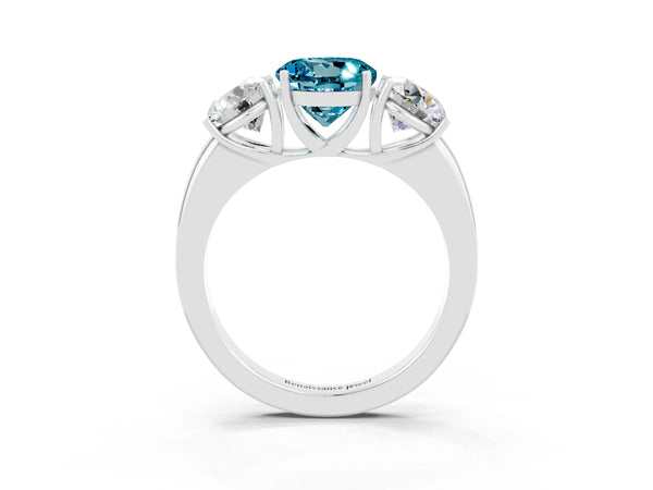 Silver Round Cut Blue Topaz Three-Stone Ring with Four-Prong Setting and Classic Band