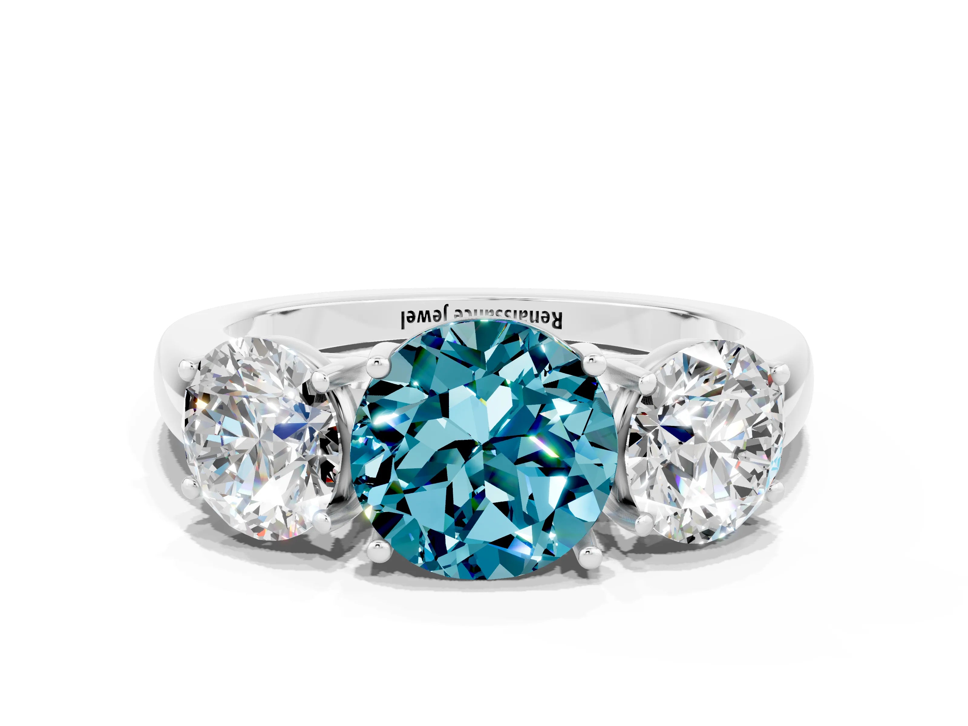 White gold Round Cut Blue Topaz Three-Stone Ring with Four-Prong Setting and Classic Band