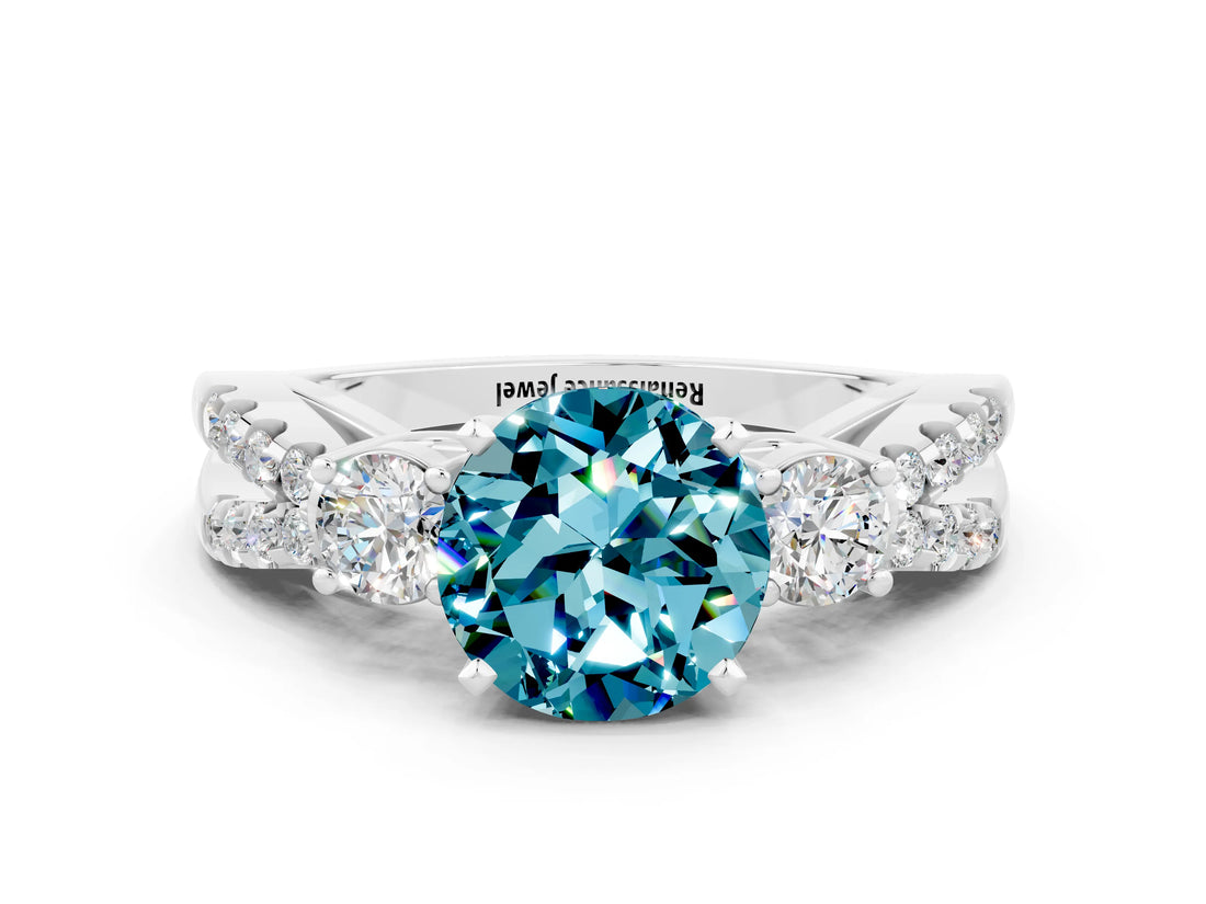 White gold Round Cut Blue Topaz Three-Stone Ring with Pavé Split Shank and Four-Prong Setting