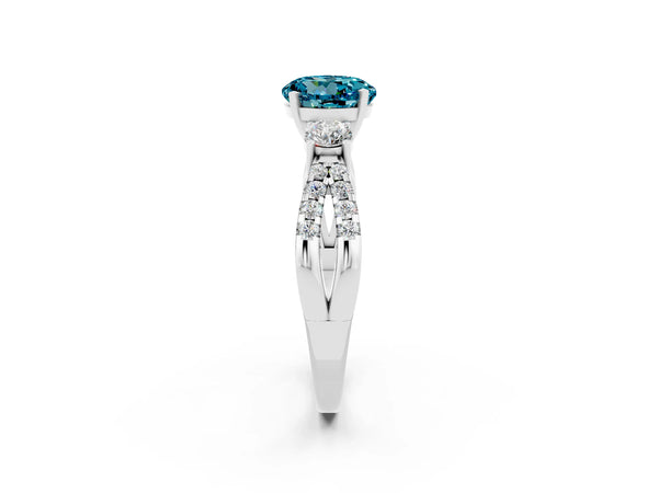 Silver Round Cut Blue Topaz Three-Stone Ring with Pavé Split Shank and Four-Prong Setting