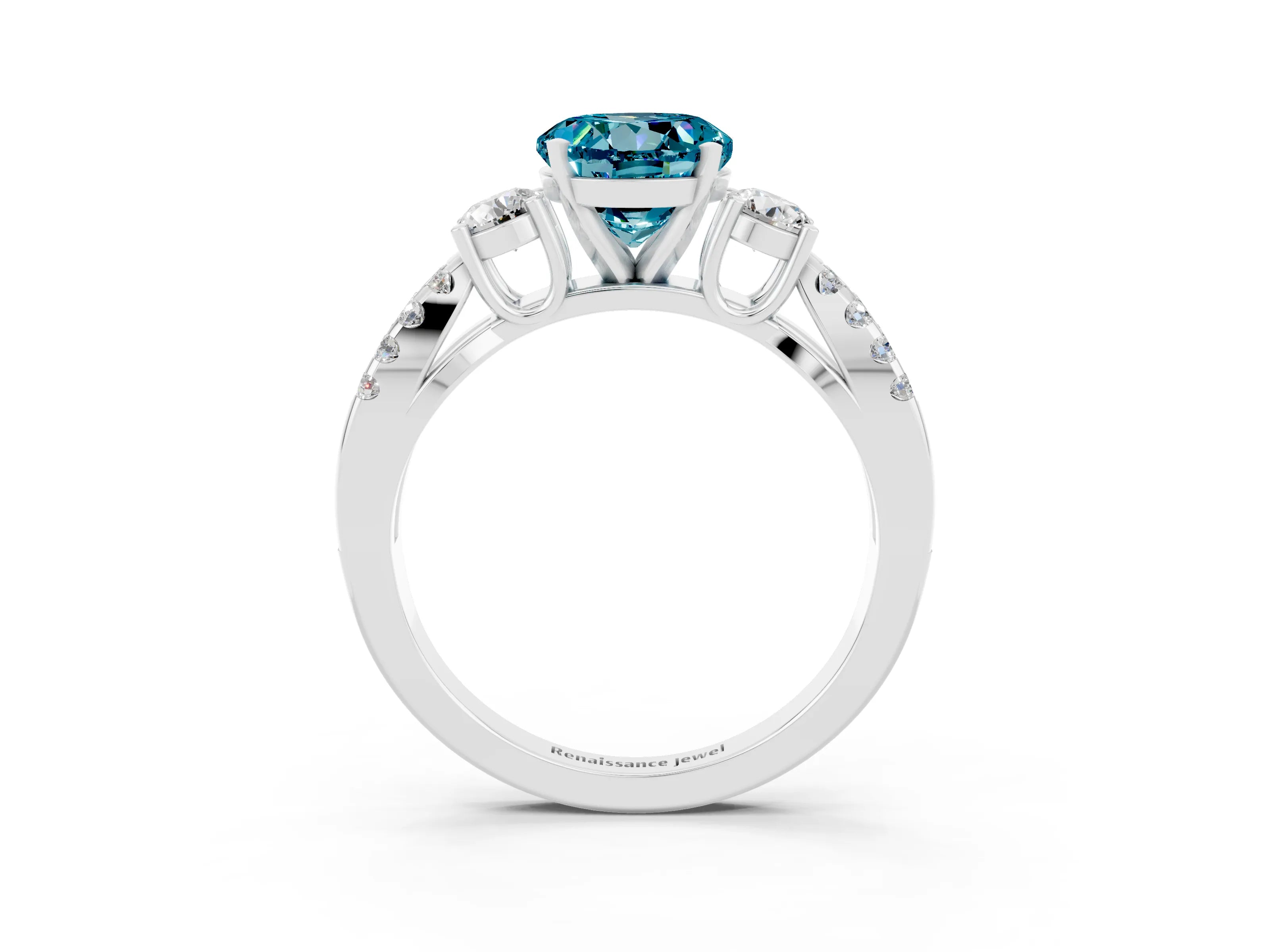 White gold Round Cut Blue Topaz Three-Stone Ring with Pavé Split Shank and Four-Prong Setting_3