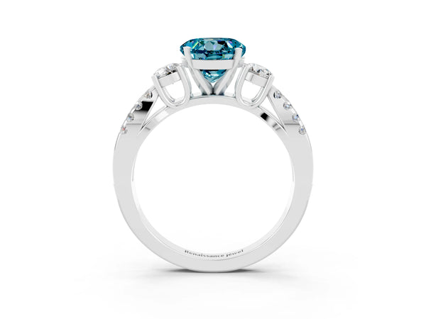 Silver Round Cut Blue Topaz Three-Stone Ring with Pavé Split Shank and Four-Prong Setting