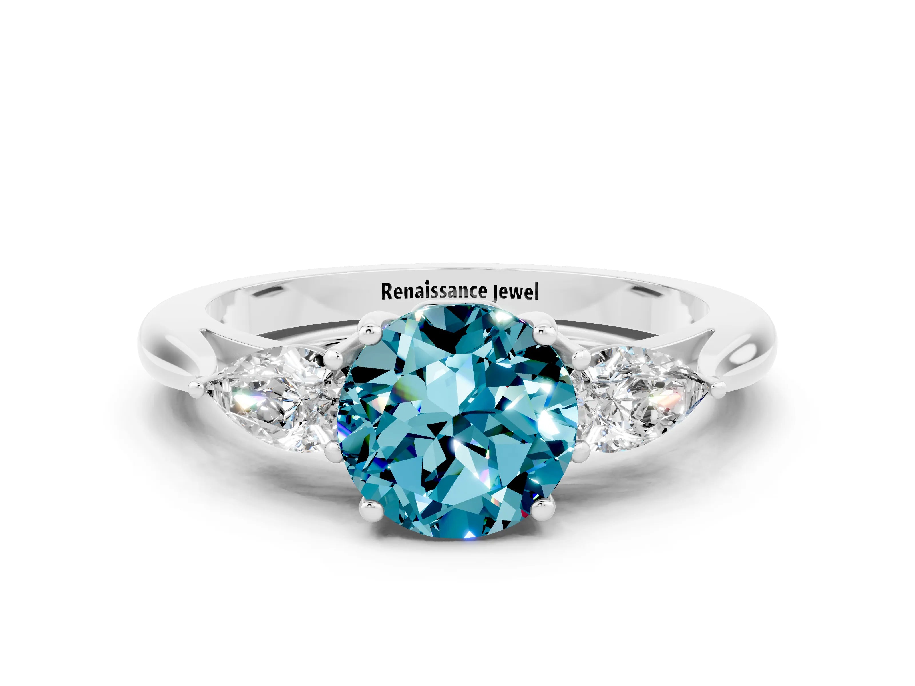 White gold Round Cut Blue Topaz Three-Stone Ring with Pear Side Stones and Four-Prong Setting_12