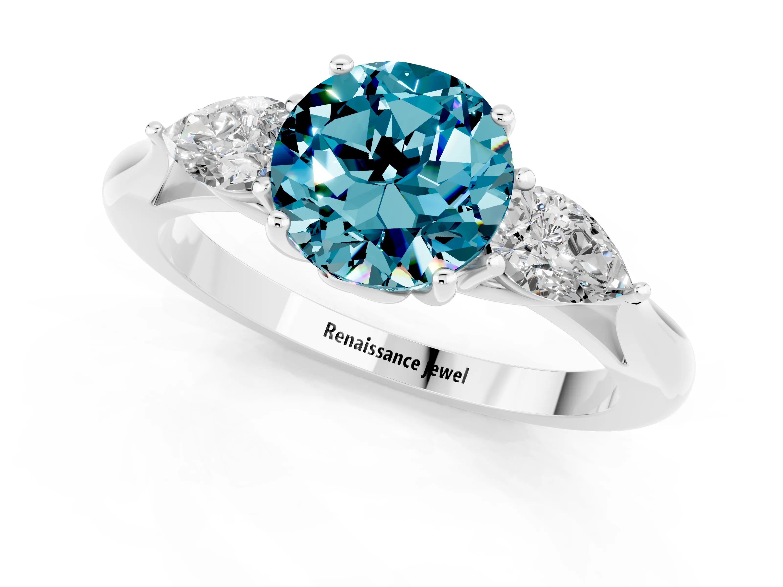 White gold Round Cut Blue Topaz Three-Stone Ring with Pear Side Stones and Four-Prong Setting_13