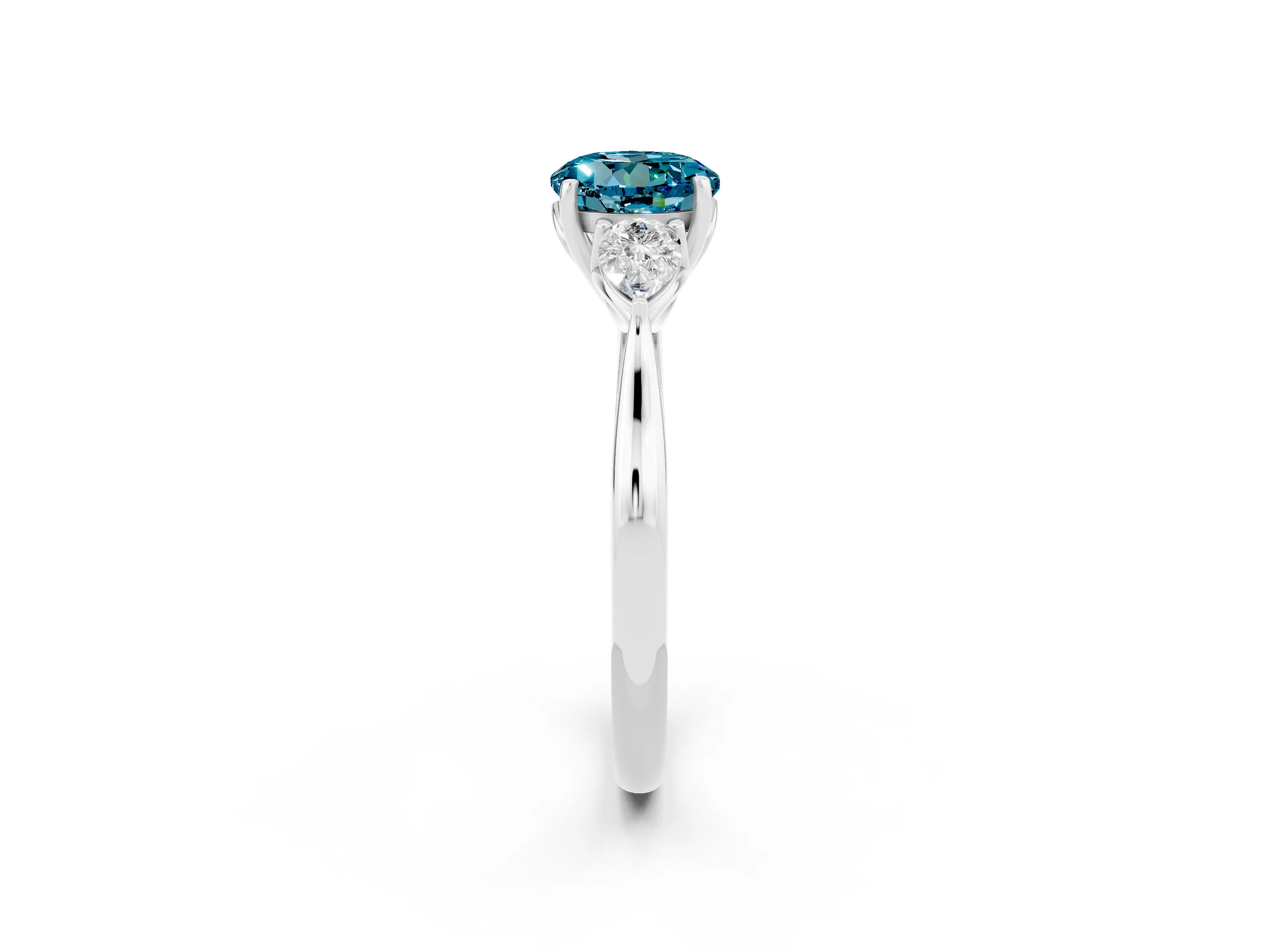 White gold Round Cut Blue Topaz Three-Stone Ring with Pear Side Stones and Four-Prong Setting_14