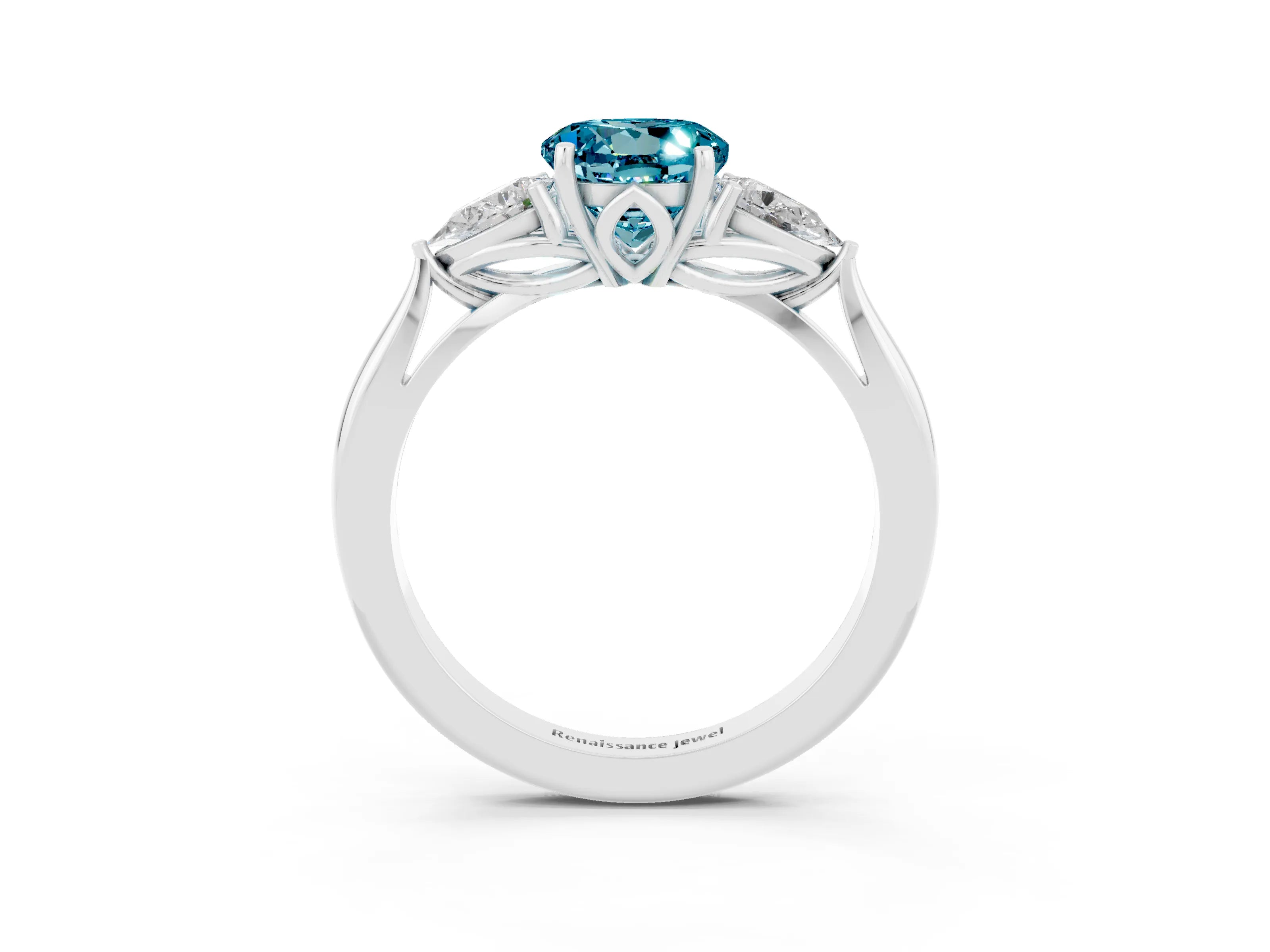 White gold Round Cut Blue Topaz Three-Stone Ring with Pear Side Stones and Four-Prong Setting_15