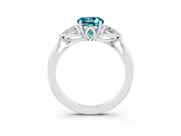 White gold Round Cut Blue Topaz Three-Stone Ring with Pear  Side Stones and Prong Setting