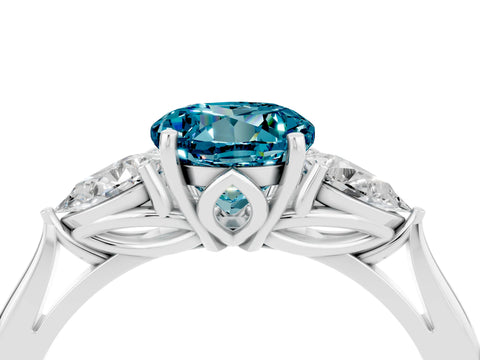 White gold Round Cut Blue Topaz Three-Stone Ring with Pear Side Stones and Four-Prong Setting_16