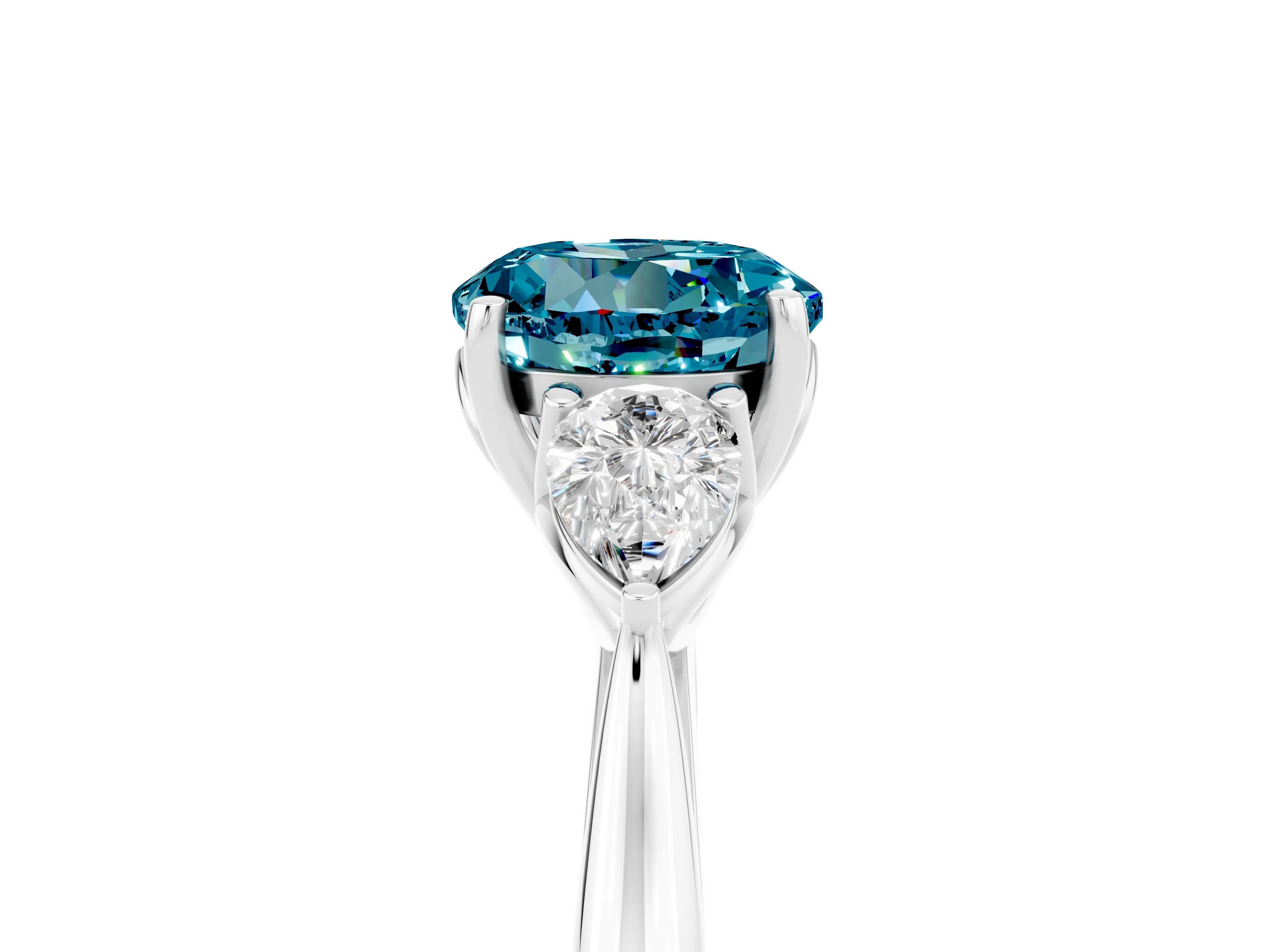 White gold Round Cut Blue Topaz Three-Stone Ring with Pear Side Stones and Four-Prong Setting_17