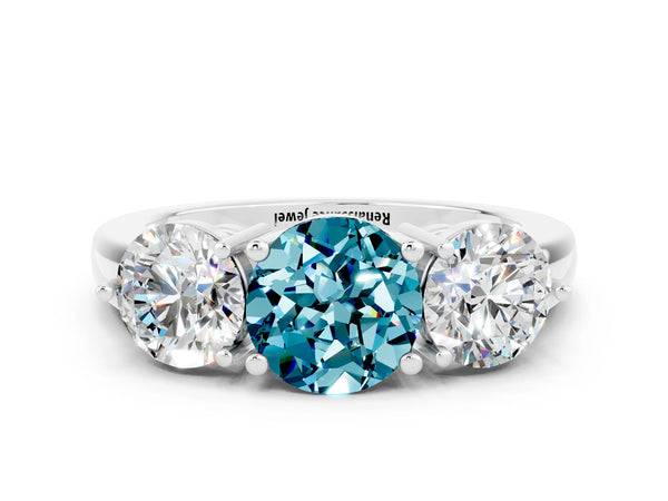 Platinum Round Cut Blue Topaz Three-Stone Ring with Prong Setting and Classic Band