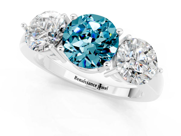 Platinum Round Cut Blue Topaz Three-Stone Ring with Prong Setting and Classic Band