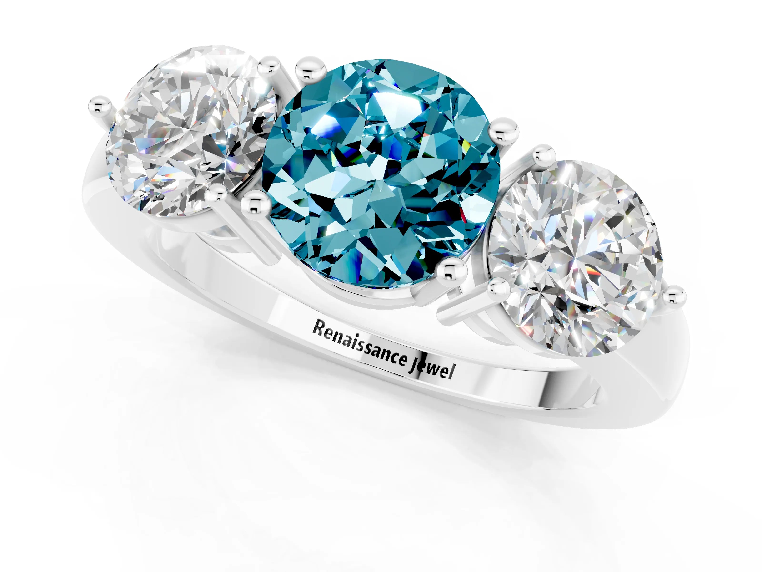 White gold Round Cut Blue Topaz Three-Stone Ring with Prong Setting and Classic Band_1