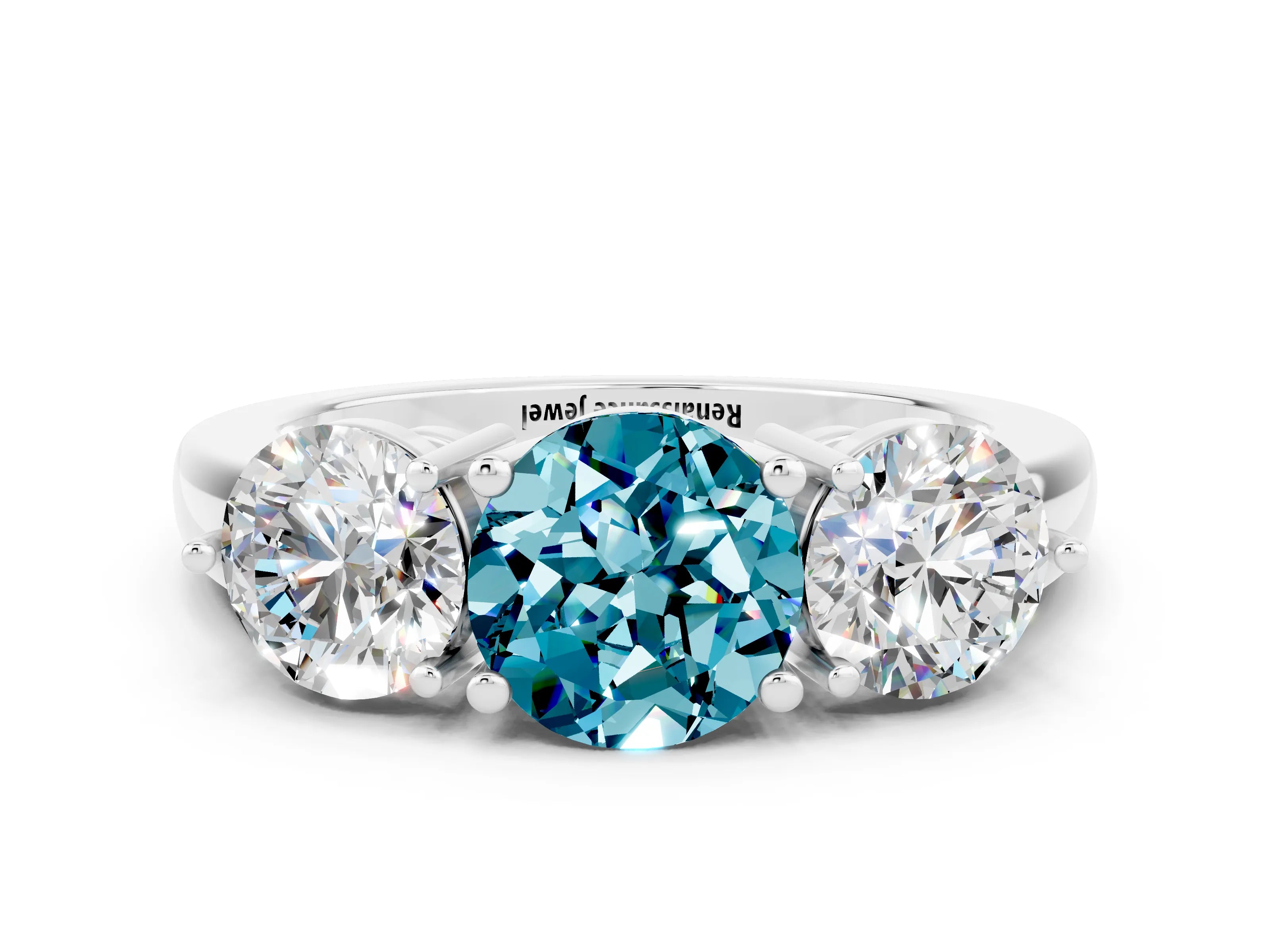 White gold Round Cut Blue Topaz Three-Stone Ring with Prong Setting and Classic Band