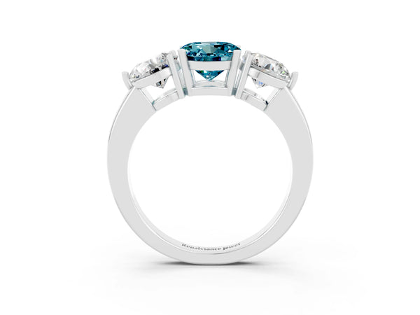 White gold Round Cut Blue Topaz Three-Stone Ring with Prong Setting and Classic Band