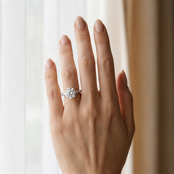 White gold Round Cut Cathedral Pave Diamond Engagement Ring with Six-Prong Setting