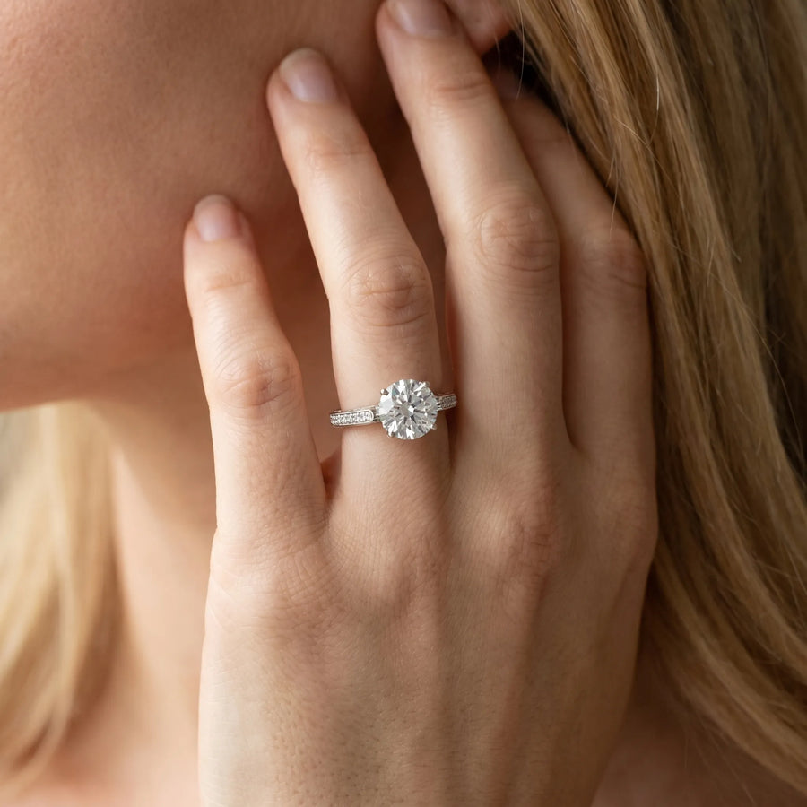White gold Round Cut Cathedral Pave Diamond Engagement Ring with Six-Prong Setting