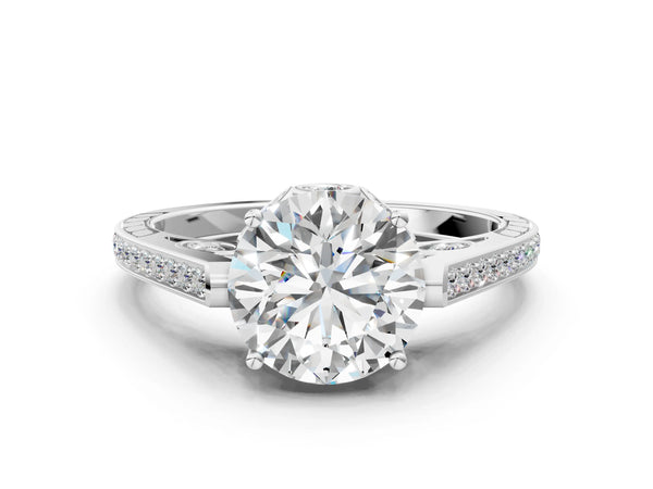 White gold Round Cut Cathedral Pave Diamond Engagement Ring with Six-Prong Setting