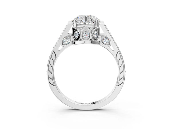 White gold Round Cut Cathedral Pave Diamond Engagement Ring with Six-Prong Setting