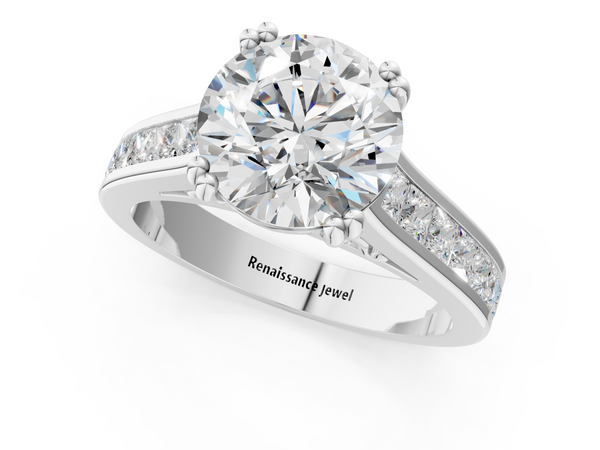 Platinum Round Channel Set Solitaire Engagement Ring Setting with Double Claw Prongs