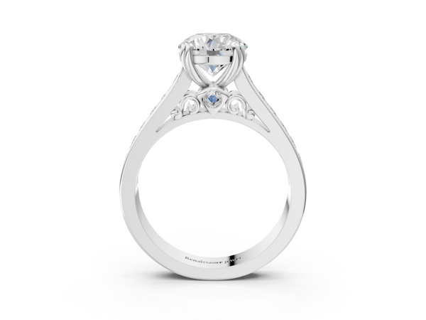 Platinum Round Channel Set Solitaire Engagement Ring Setting with Double Claw Prongs