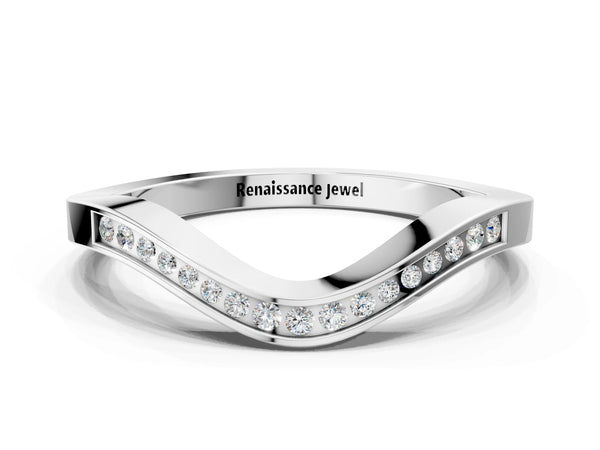 Platinum Round Cut Channel Set Wave Band with Pavé Setting