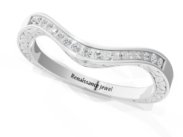 White gold Round Cut Channel Set Wave Band with Pavé Setting