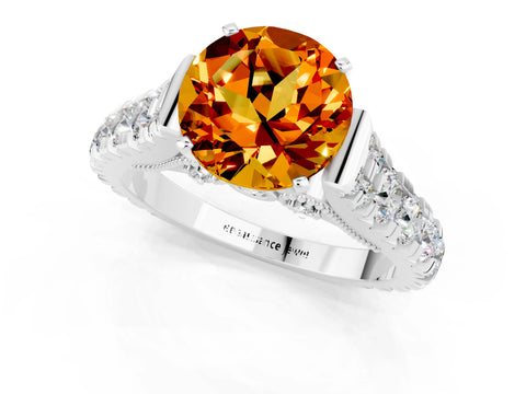 White gold Round Cut Citrine Classic Solitaire Ring with Pavé Band and Four-Prong Setting_1
