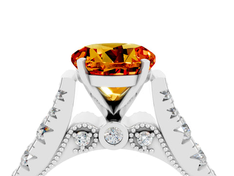 White gold Round Cut Citrine Classic Solitaire Ring with Pavé Band and Four-Prong Setting_4