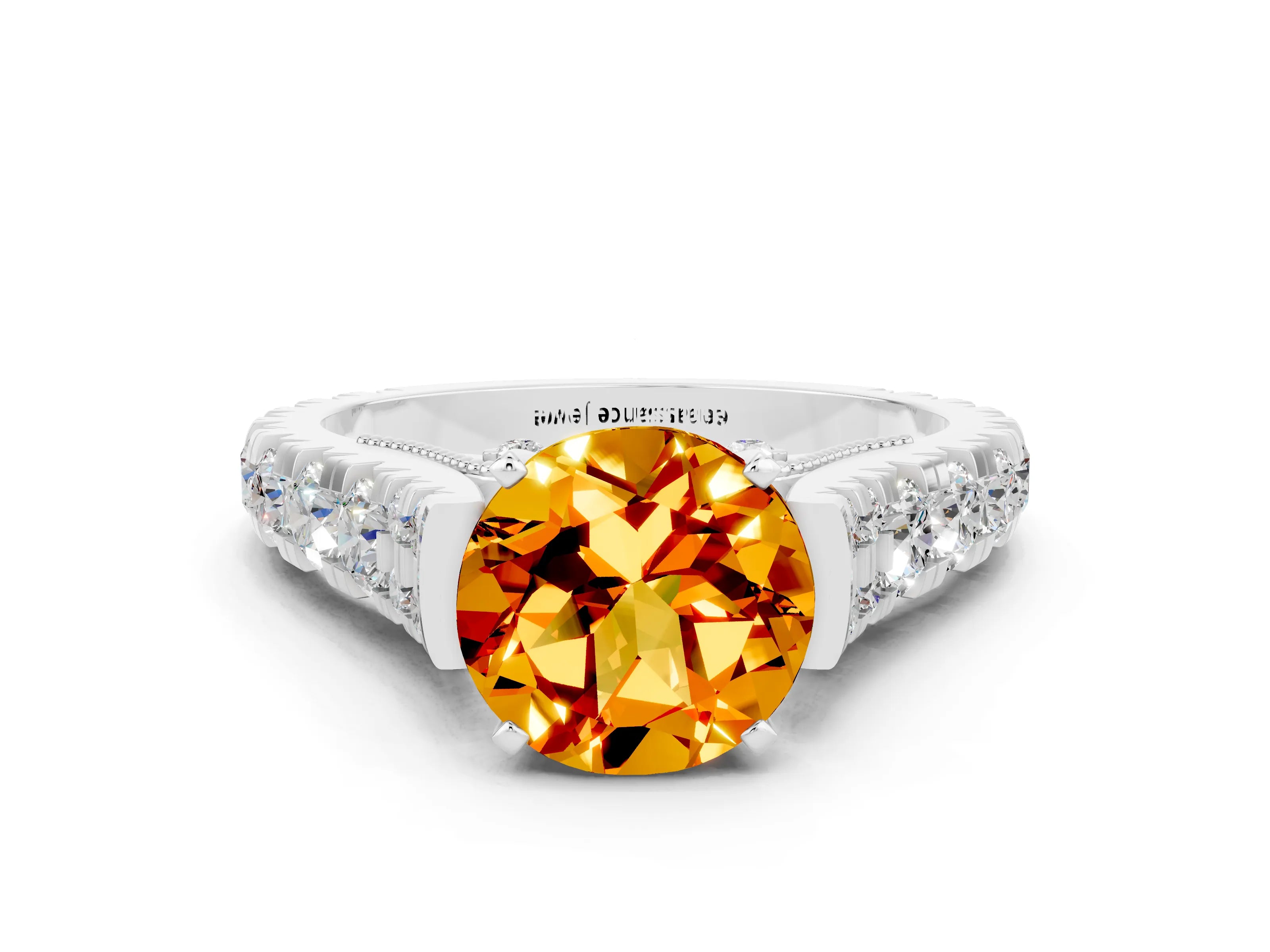 White gold Round Cut Citrine Classic Solitaire Ring with Pavé Band and Four-Prong Setting