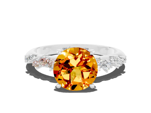 White gold Round Cut Citrine Cluster Side Stone Solitaire Ring with Prong Setting_24
