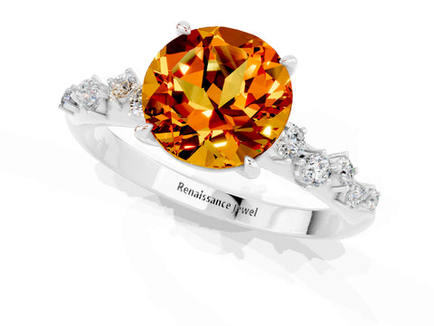 White gold Round Cut Citrine Cluster Side Stone Solitaire Ring with Prong Setting_25