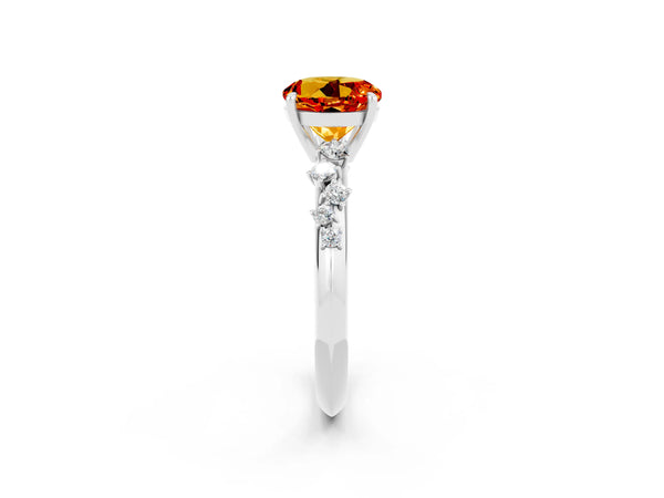 Platinum Round Cut Citrine Cluster Side Stone Solitaire Ring with Prong Setting
