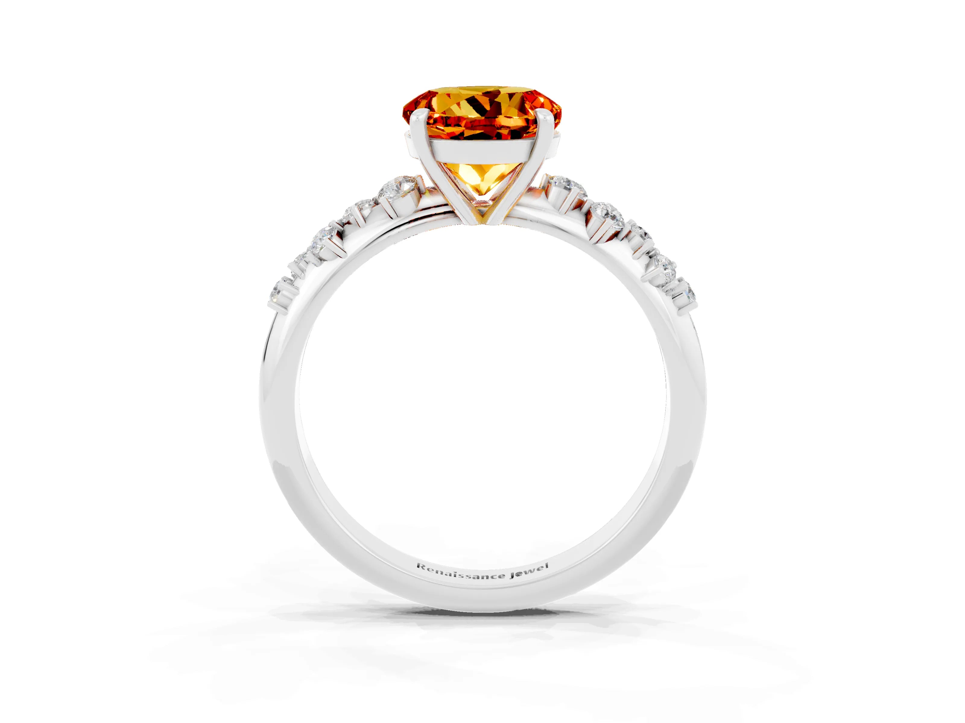 White gold Round Cut Citrine Cluster Side Stone Solitaire Ring with Prong Setting_27