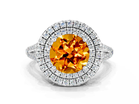 White gold Round Cut Citrine Double Halo Ring with Pavé Band and Prong Setting_12