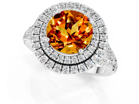 White gold Round Cut Citrine Double Halo Ring with Pavé Band and Prong Setting_13