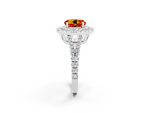 Silver Round Cut Citrine Double Halo Ring with Pavé Band and Prong Setting