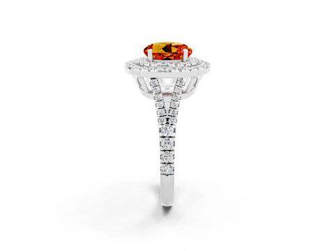 White gold Round Cut Citrine Double Halo Ring with Pavé Band and Prong Setting_14