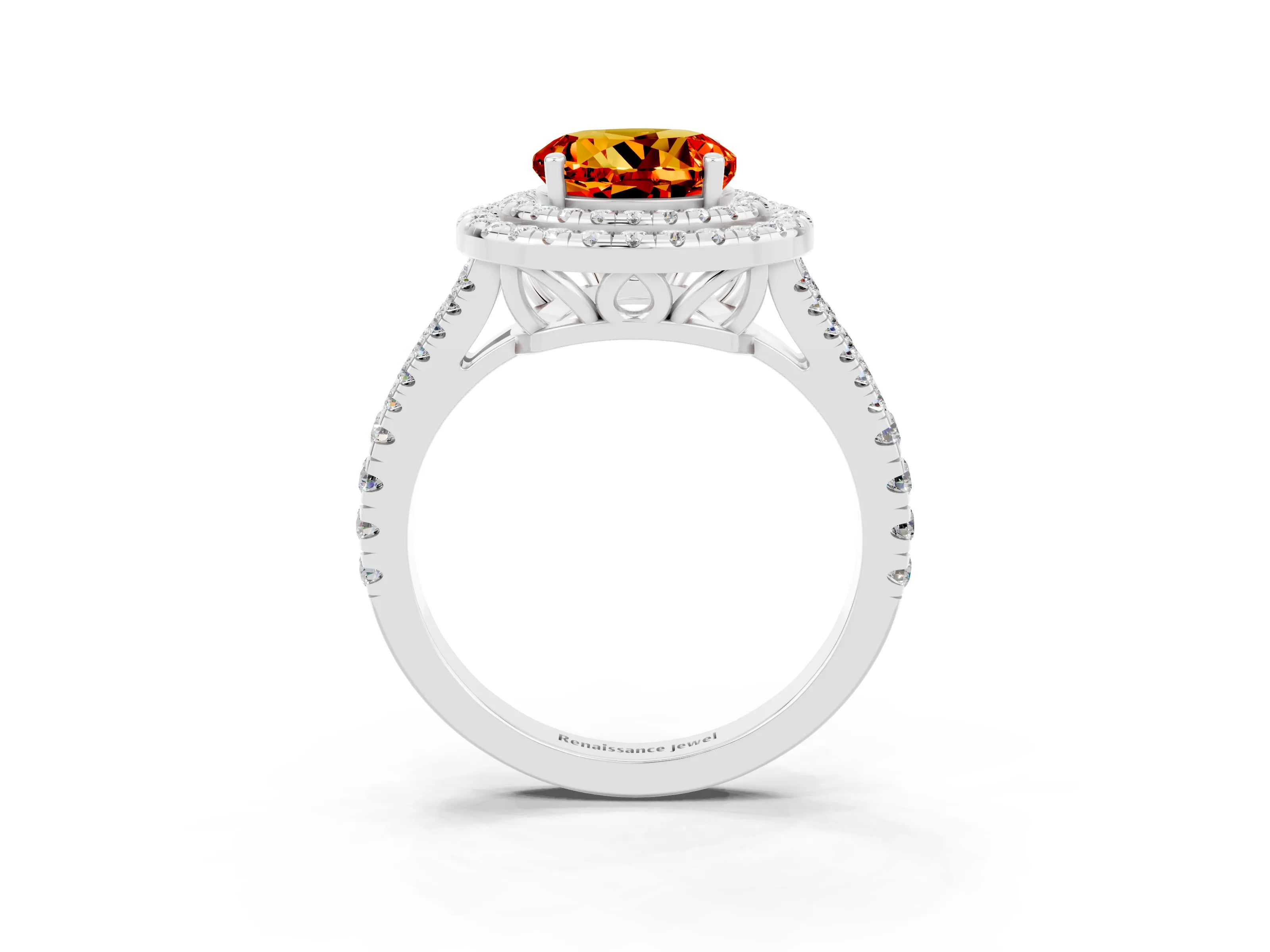 White gold Round Cut Citrine Double Halo Ring with Pavé Band and Prong Setting_15